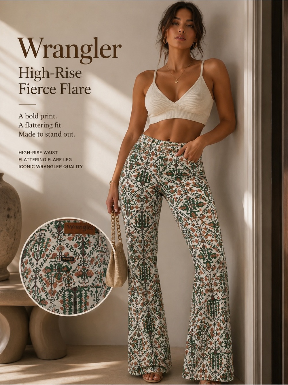 Wrangler Green and Cream Printed Flare Jeans